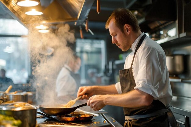 Foto um homem cozinhando em uma cozinha com vapor saindo de uma frigideira