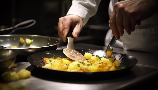 Um homem cozinhando uma refeição vegetariana fresca e saudável gerada por IA