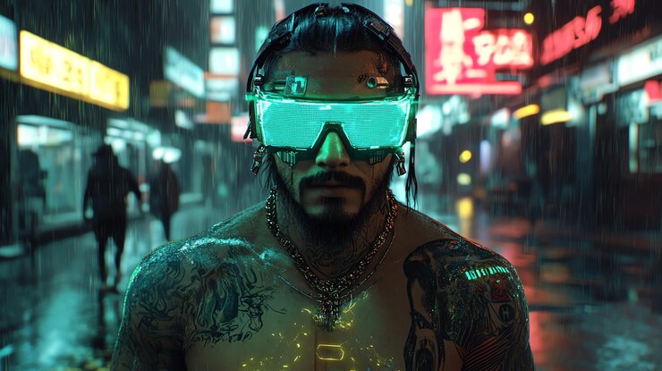 Foto um homem cyberpunk usando óculos futuristas em uma cidade chuvosa