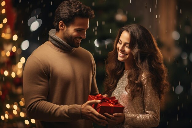 Um homem dá à namorada um presente de Natal.