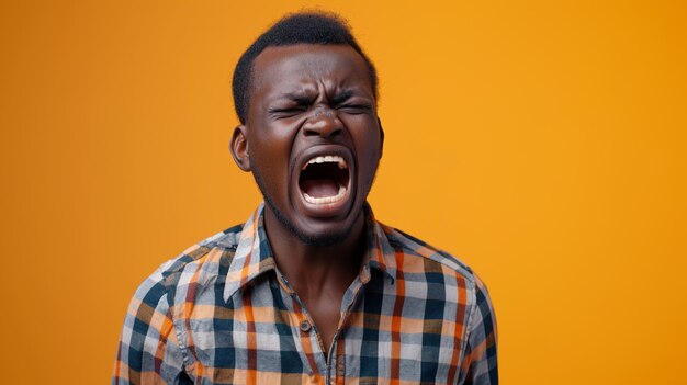 Um homem da áfrica ocidental refletindo raiva e frustração isolado em fundo sólido