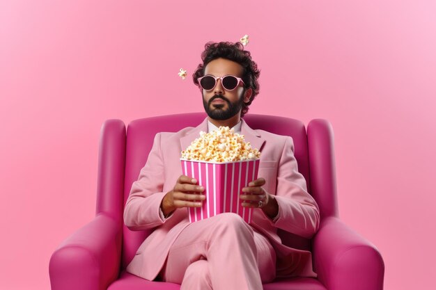 Um homem da Arábia Saudita a desfrutar de um filme numa cadeira rosa.