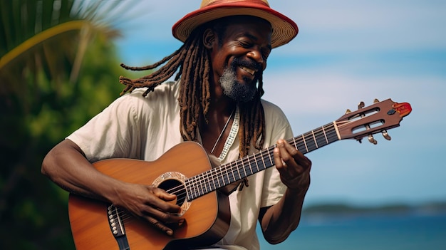 um homem da Jamaica tocando um instrumento de guitarra com diversão e sorriso