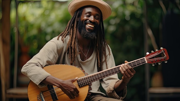 um homem da Jamaica tocando um instrumento de guitarra com diversão e sorriso