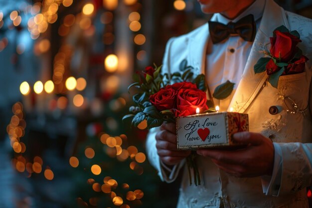 Um homem dá um presente e flores a uma mulher no Dia dos Namorados