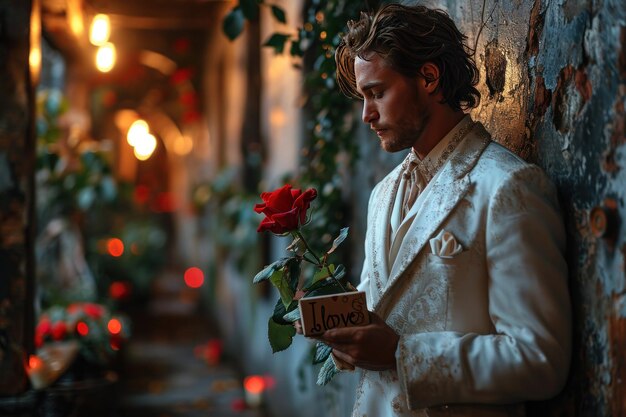 Um homem dá um presente e flores a uma mulher no Dia dos Namorados