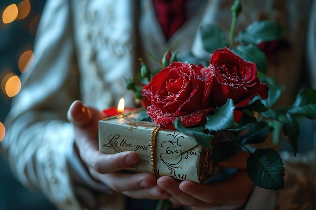 Um homem dá um presente e flores a uma mulher no Dia dos Namorados
