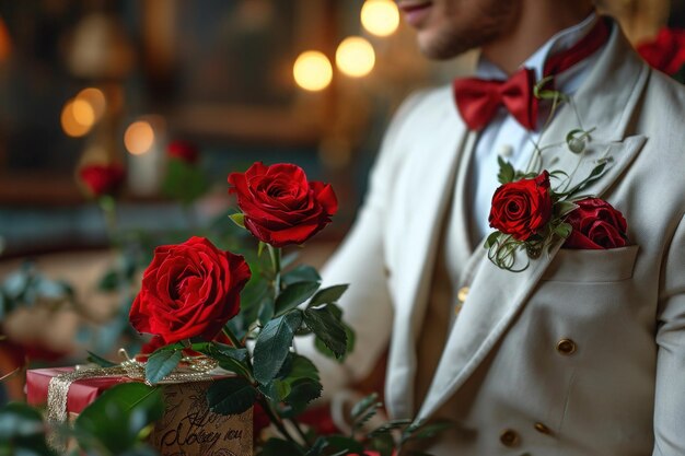 Um homem dá um presente e flores a uma mulher no Dia dos Namorados