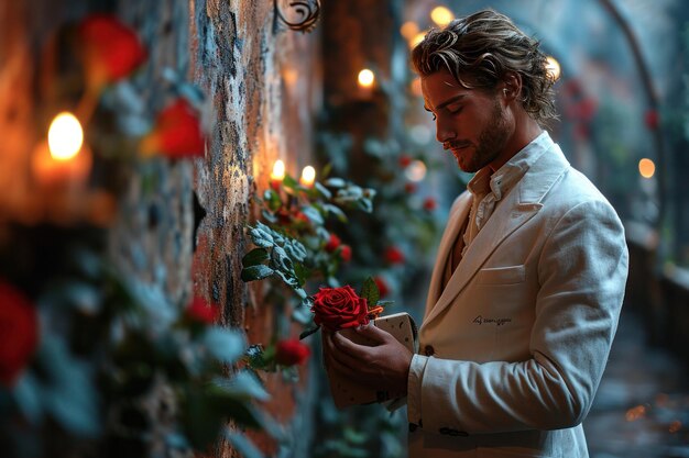 Um homem dá um presente e flores a uma mulher no Dia dos Namorados