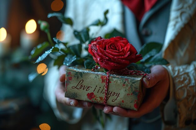 Um homem dá um presente e flores a uma mulher no Dia dos Namorados