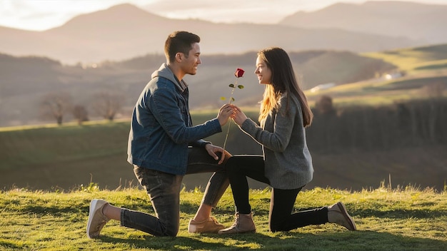 Foto um homem dá uma flor a uma mulher.