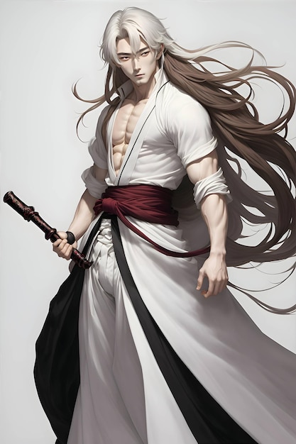 Guerreiro masculino de fantasia de anime com rosto fofo e fundo de