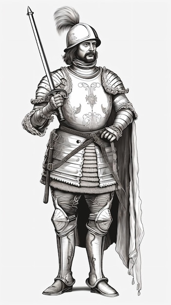 um homem de armadura com espada e capacete