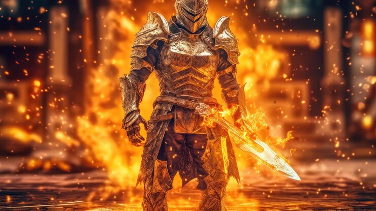 Foto um homem de armadura fica em frente a uma fogueira com uma espada na mão.