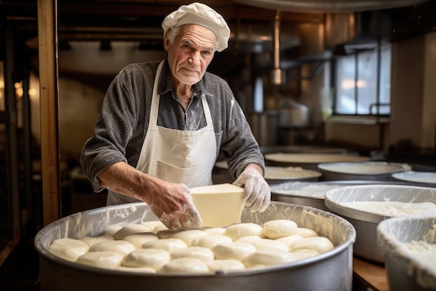 Um homem de avental está a fazer bolinhos Um agricultor de queijo idoso faz queijo caseiro Produção privada de queijo