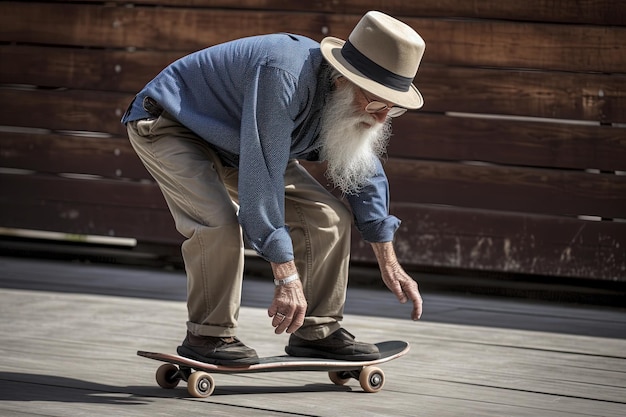 Um homem de barba branca anda de skate.