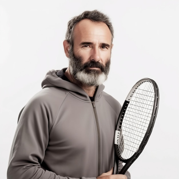 Foto um homem de barba e moletom cinza segura uma raquete de tênis.