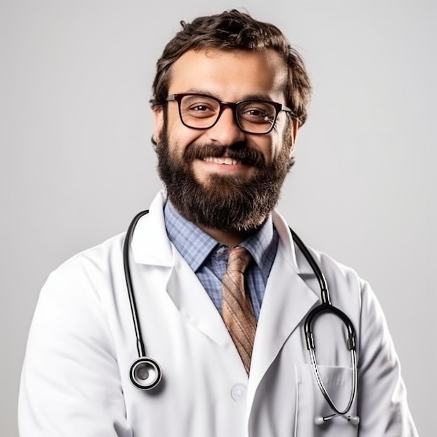 Um homem de barba e óculos está vestindo um jaleco branco e uma gravata.