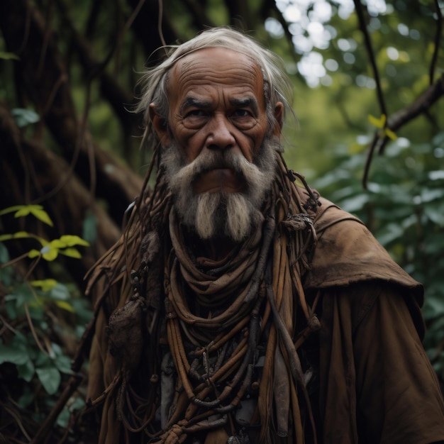 Um homem de barba grisalha está parado na floresta.