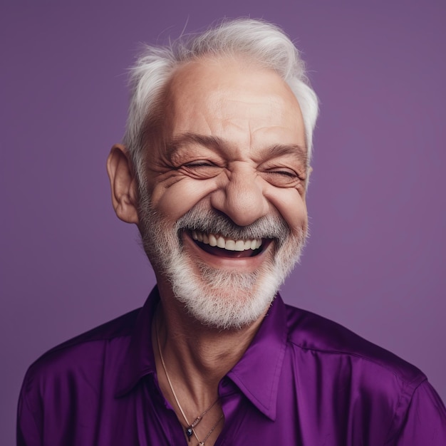 Um homem de barba vestindo uma camisa roxa sorri e ri.