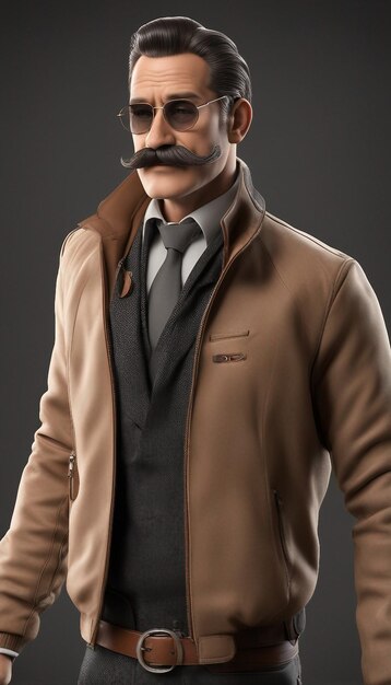 Um homem de bigode vestindo uma jaqueta marrom