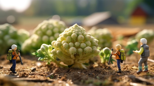 Um homem de brinquedo está parado em um campo de couve-flor.