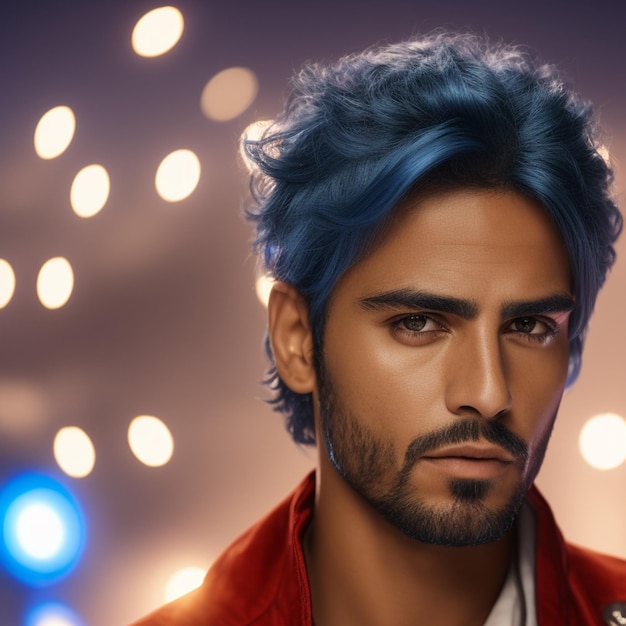 Um homem de cabelo azul e uma jaqueta vermelha com luzes atrás dele