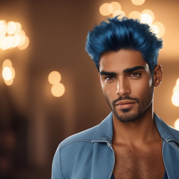 Um homem de cabelo azul