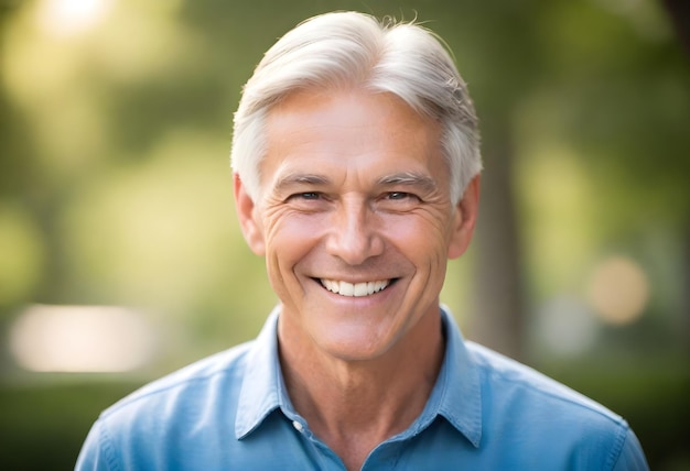 Um homem de cabelo cinzento e uma camisa azul está sorrindo.