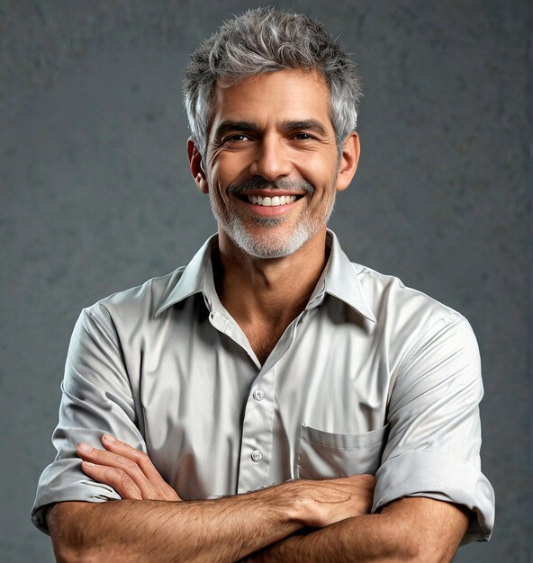 Um homem de cabelo cinzento e uma camisa branca.