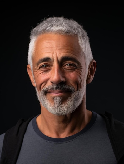 Foto um homem de cabelo cinzento e uma camisa preta com uma barba branca