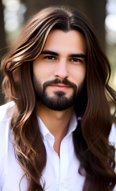 Um homem de cabelo comprido e barba