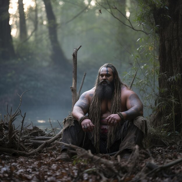 Foto um homem de cabelo comprido está sentado na floresta com um galho de árvore ao fundo.