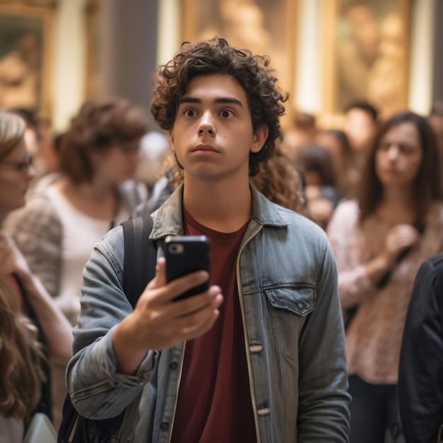 Um homem de cabelo encaracolado está segurando um telefone em um museu.