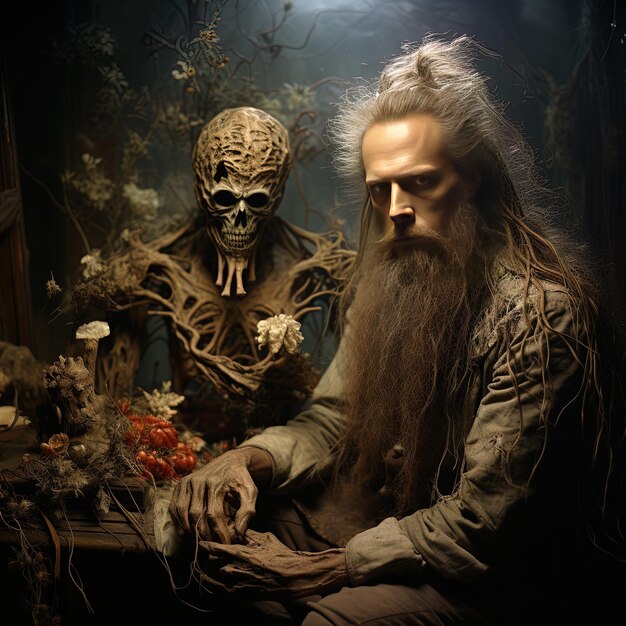 Foto um homem de cabelo longo e barba senta-se ao lado de um esqueleto