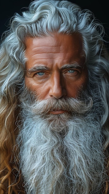 Um homem de cabelo longo e cinzento e barba de perto