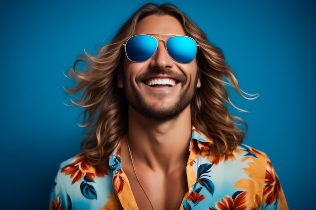 Foto um homem de cabelo longo e óculos de sol está sorrindo.