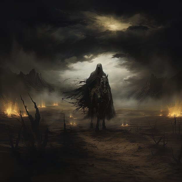 Um homem de cabelo longo está de pé no escuro com um cavalo e um céu com a lua atrás dele