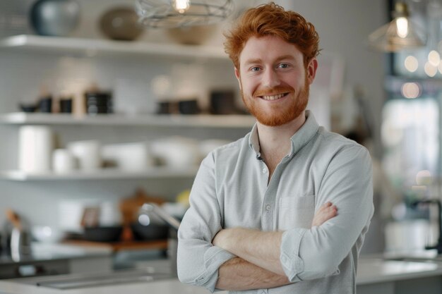 um homem de cabelo vermelho está em frente a um balcão de cozinha com um fogão e uma panela com muita comida no fundo