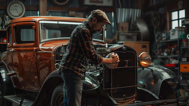 Um homem de camisa a quadros e boné está trabalhando na restauração de um carro vintage em sua garagem. Ele está cuidadosamente limpando o motor com um pano.