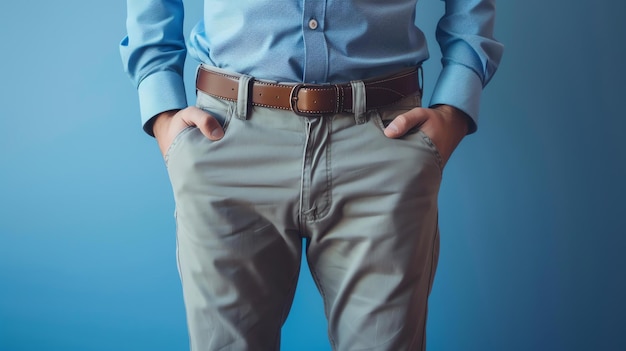 Um homem de camisa azul e calças caqui está de pé com as mãos nos bolsos ele está vestindo um cinto marrom e sapatos marrons