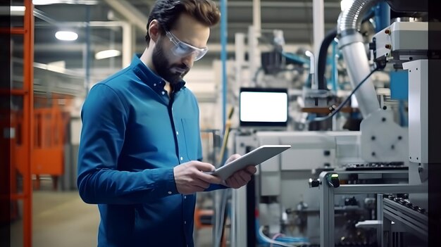 Foto um homem de camisa azul e óculos de proteção está usando um tablet generative ai