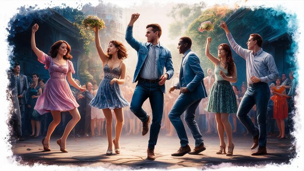 um homem de camisa azul está dançando com uma mulher de camisa azuis