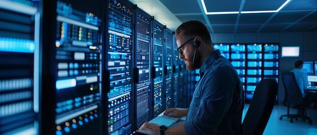 Um homem de camisa azul monitora a segurança dos dados em várias telas dentro de uma sala de servidores de alta tecnologia