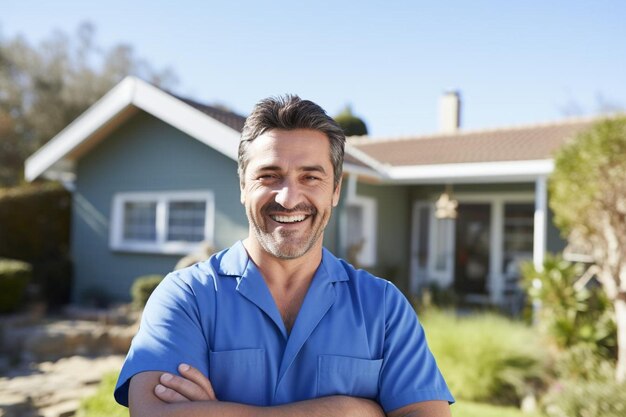 Foto um homem de camisa azul parado na frente de uma casa