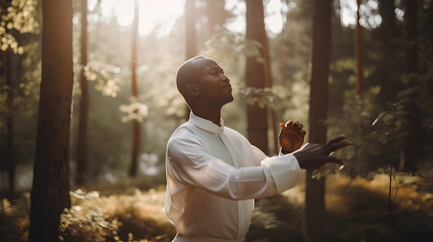 Um homem de camisa branca dança na floresta.