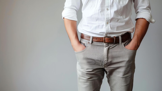 Um homem de camisa branca e calças cinzentas com as mãos nos bolsos está de pé contra um fundo cinzento