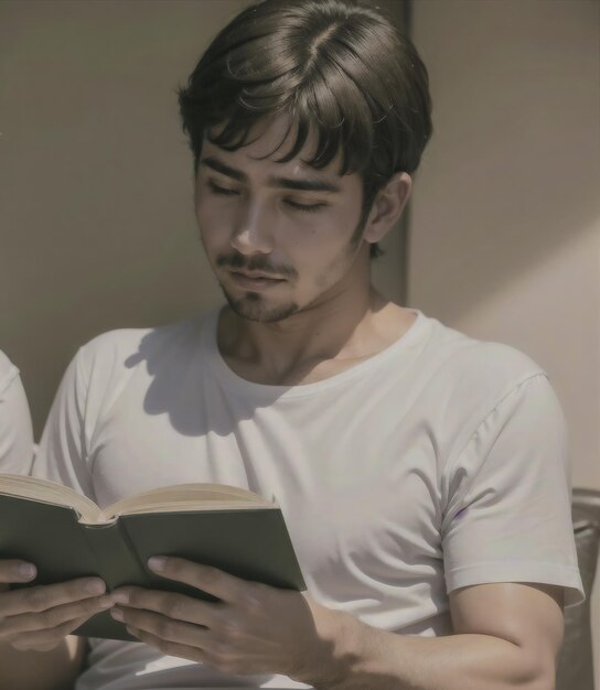 Um homem de camisa branca está lendo um livro.