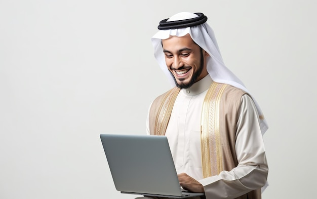 Um homem de camisa branca está usando um laptop.