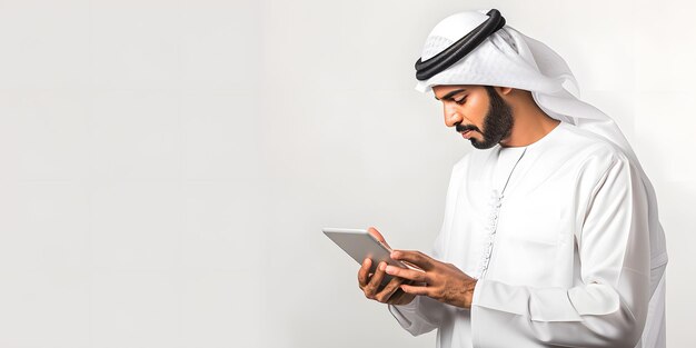 um homem de camisa branca está usando um tablet com um fundo preto